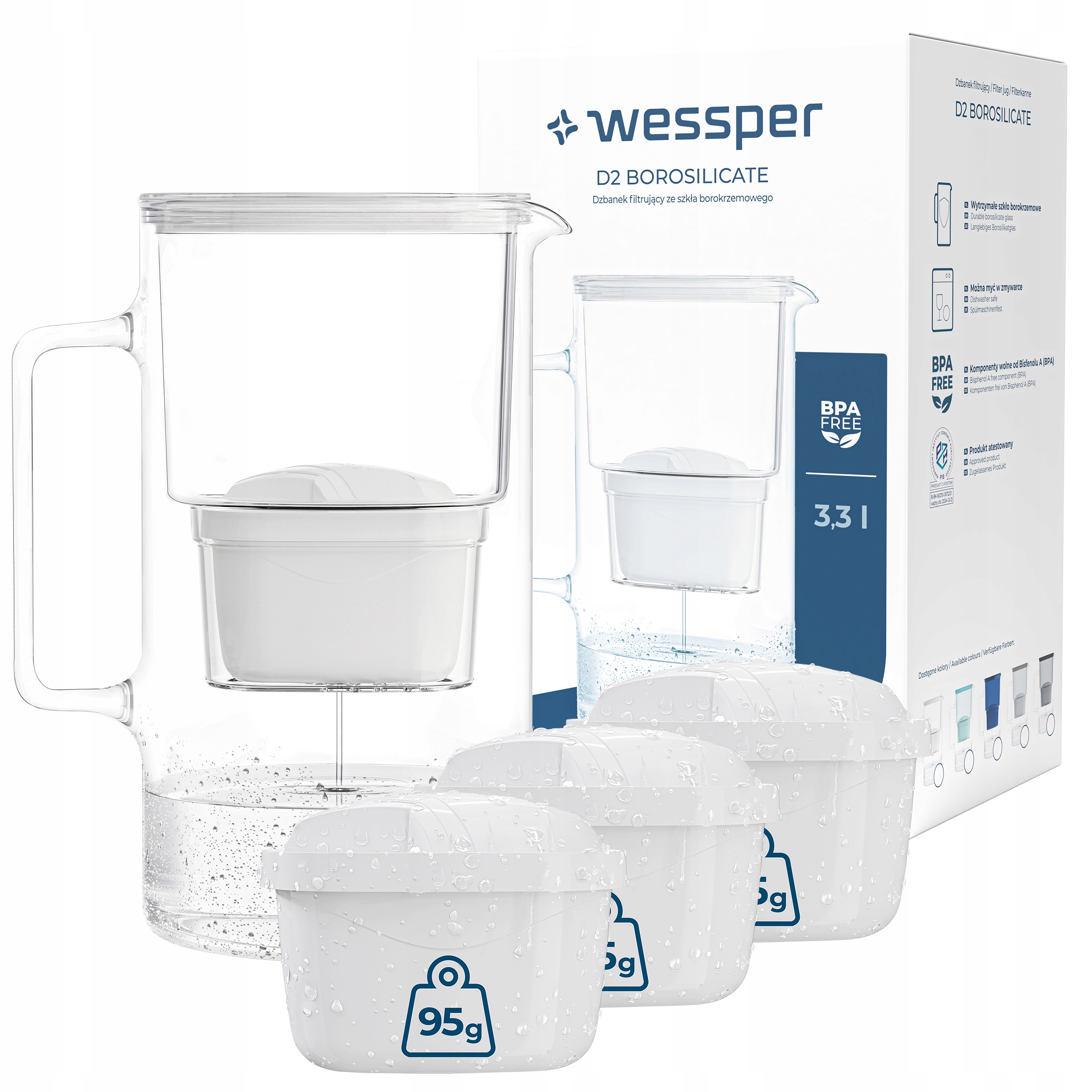 Borosilikátová filtračná kanvica Wessper D2 Aquamax 3,3 l biela