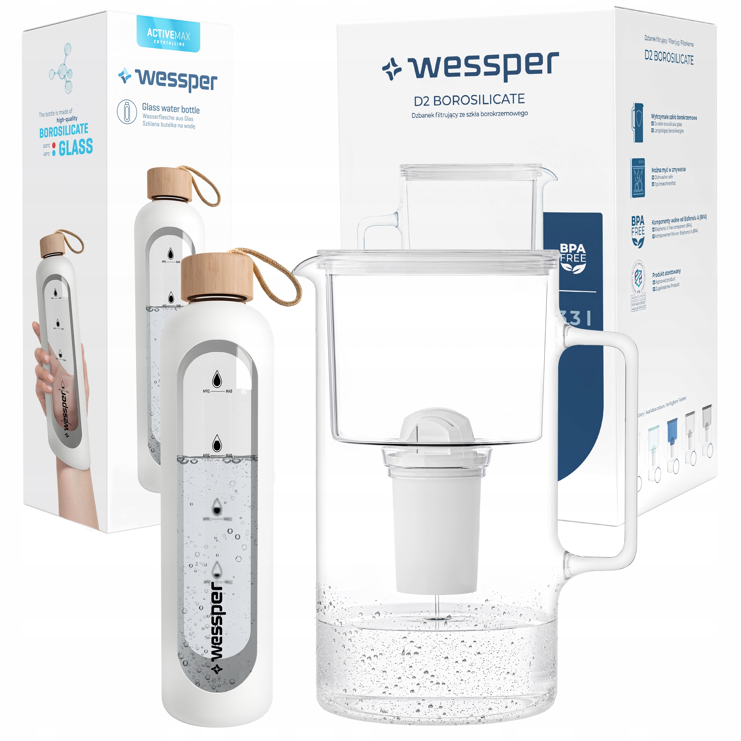 Wessper D2 Borosilikátový filter Aquaclassic 3,3 l biely + fľaša Wessper 1000 ml