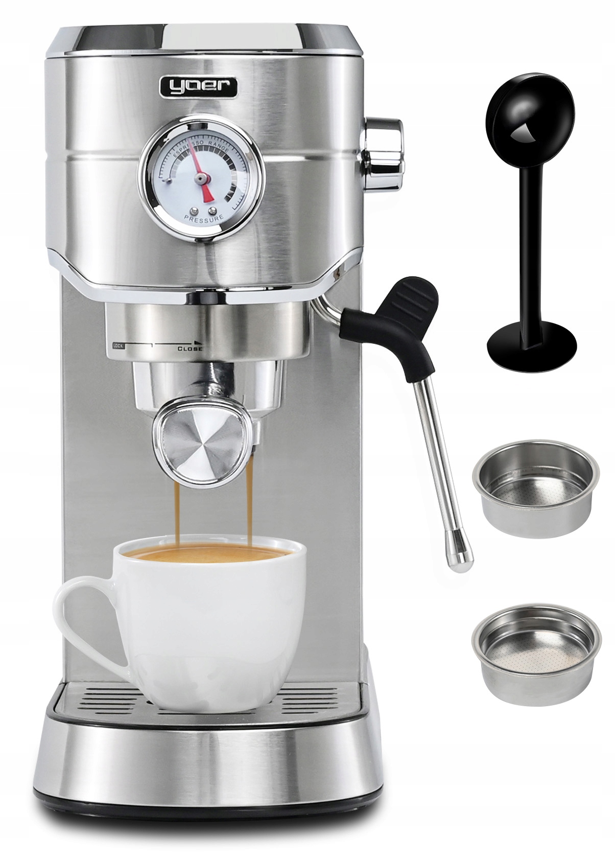 Portafiltračný espresso kávovar Yoer Lungo 1450 W, strieborná/sivá